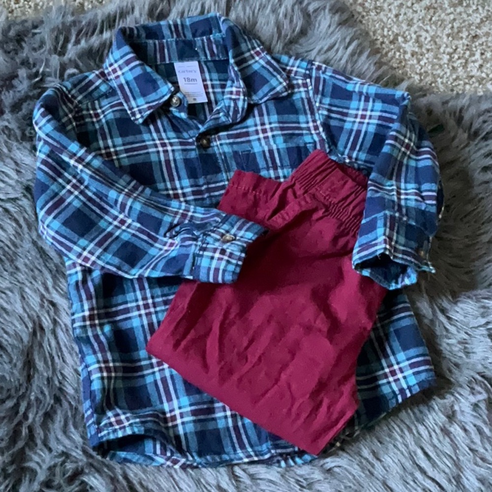 Carter’s long sleeve boys faux flannel plaid button down pants set. 18m